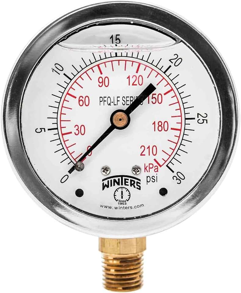 Winters 2-1/2" Dial Size, Liquid Filled Pressure Gauge, Potable Brass Internals, 304 Stainless Steel Case, Dual Scale 0-30 psi/kPa, 1.5% Acc, 1/4" NPT Bottom Mount, Drinking Water Pressure Gauge