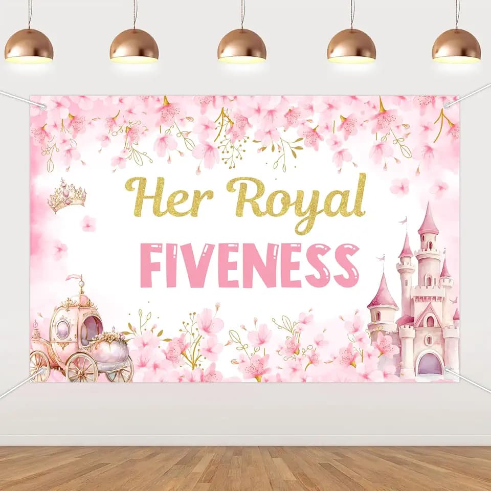 Her Royal Fiveness Decoration Backdrop 5x3ft, Princess 5th Birthday Party Decorations Her Royal Fiveness Photography Background Pink Gold for 5 Year Old Girl Princess Birthday Supplies