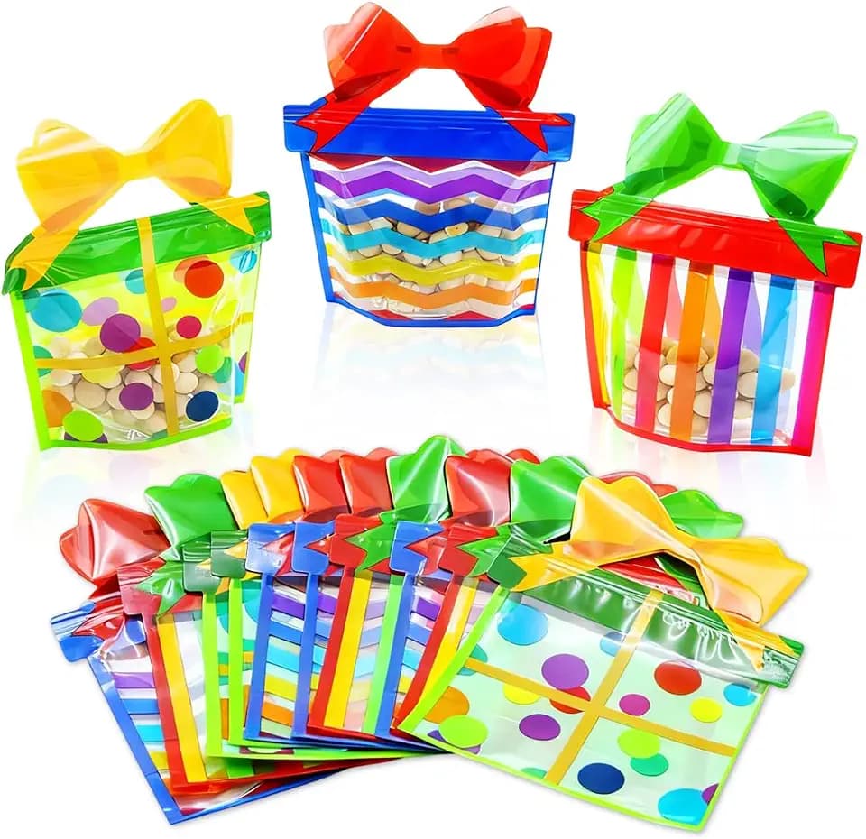 30Pcs Resealable Gift Bags with Handle Plastic Party Favor Bag Cellophane Zip Lock Treat Bag Rainbow Standing Goodie Bags Holiday Birthday