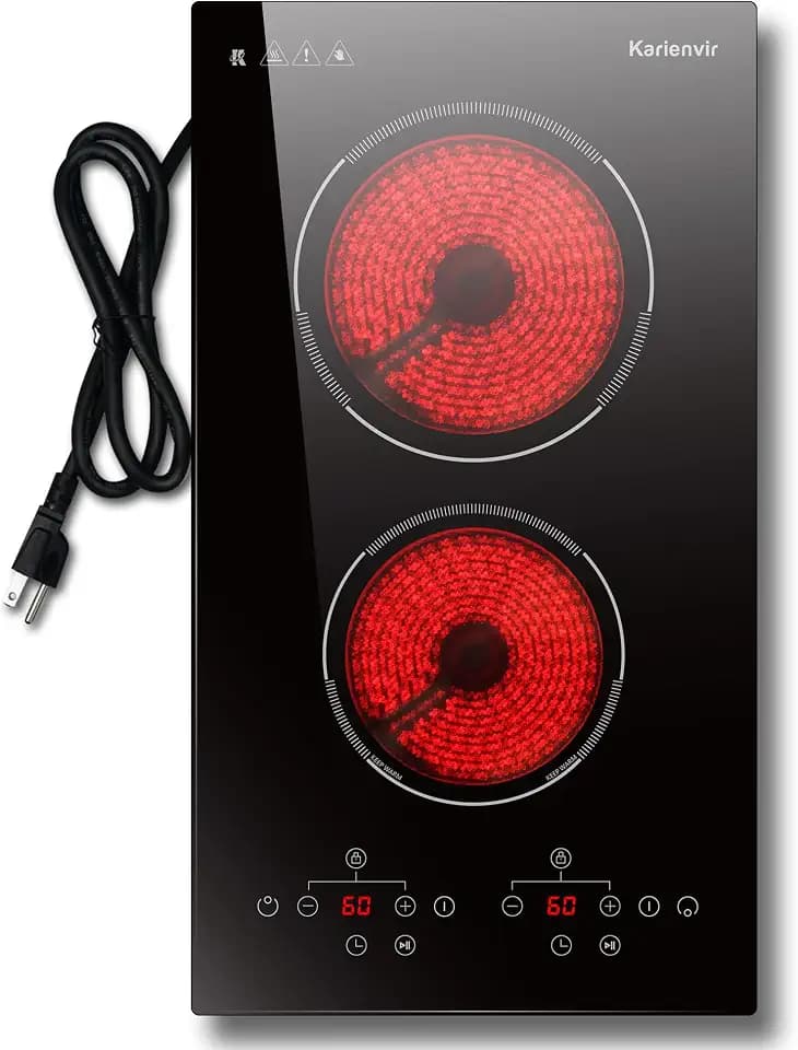 2 Burner Electric Cooktop, 110v Electric Stove with Plug, 12 Inch Countertop & Built-In Portable Electric Stove, 9 Levels of Power, 2000W, Touch Control, Safety Lock, Timer, Pause Function, Karienvir