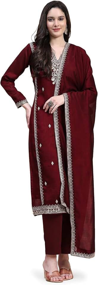 Trendmalls Damen Vichitra Seide Stickerei Salwar Anzug Set Kurta Hose mit Dupatta Kastanienbraun Kurta Set für Frauen