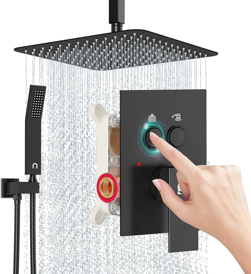 SR SUN RISE Ceiling Mounted Shower System with Push Button Diverter, Luxury 12 Inch Rain Shower Head with Handheld Spray, High Pressure Shower Faucet Combo Set with Rough-in Valve, Matte Black