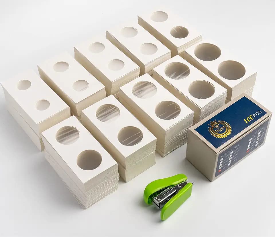 Boen 1000Pcs Coin Flips Assorted 10 Sizes Coin Holders with Stapler