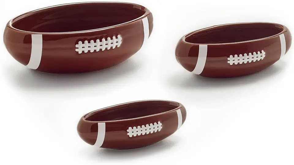 40YARDS American Football Snack- & Dipschalen/Schüsseln | 3 kl. Schalen | Neue Größen: 19, 16, 13 cm | Snackschalen aus Keramik in Football Form für Dips, Soßen & Snacks | Football Deko & Geschenk