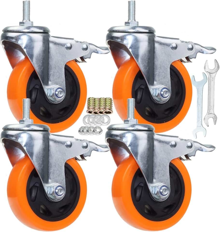 Heavy Duty Stem Caster Wheels M10-1.5X25mm Dual Locking No Noise PVC Threaded Stem Caster Wheels Pack of 4 for Workbench, Dolly, Furniture (4 Inch, Orange)