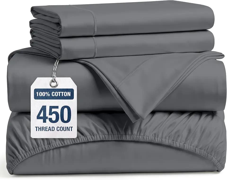 450TC 100% Cotton Full Size Bed Sheets - Smooth Sateen Weave, Charcoal
