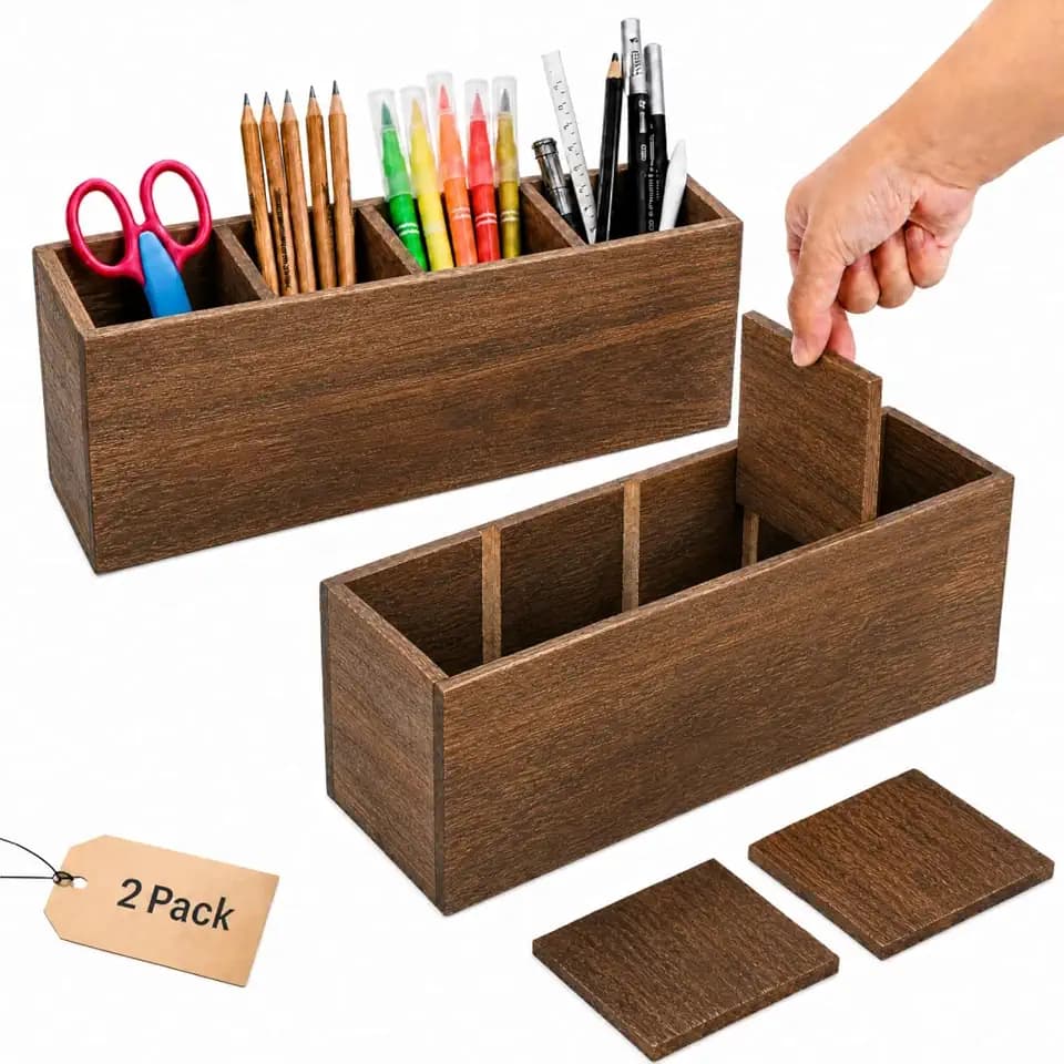 Dicunoy 2 Pack Wooden Pencil Holder for Desk, Rustic Wood Remote Control Holder Caddys, Retro Table Organizer with 4 Compartments for Art Supplies, Pen, Home, Office, School Classroom