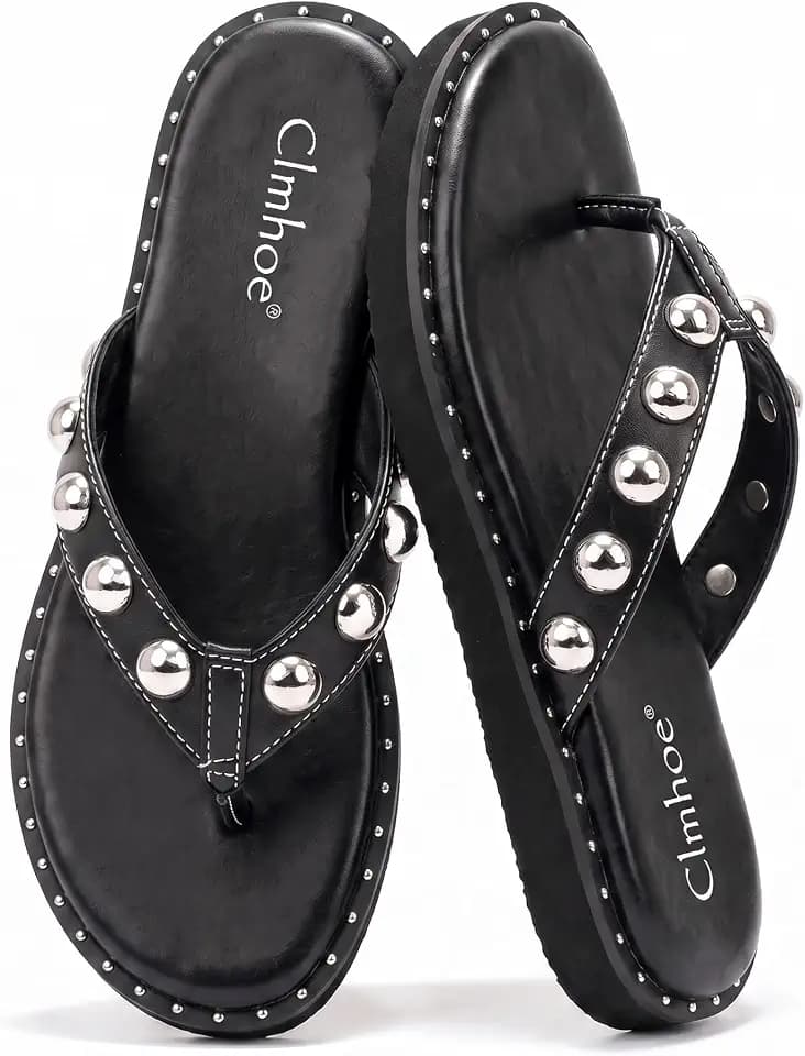 Women's Studded Flip Flops Rubber Open Round Toe Thong Sandals Dressy Slip On Slides Beach Summer Slipper Shoes