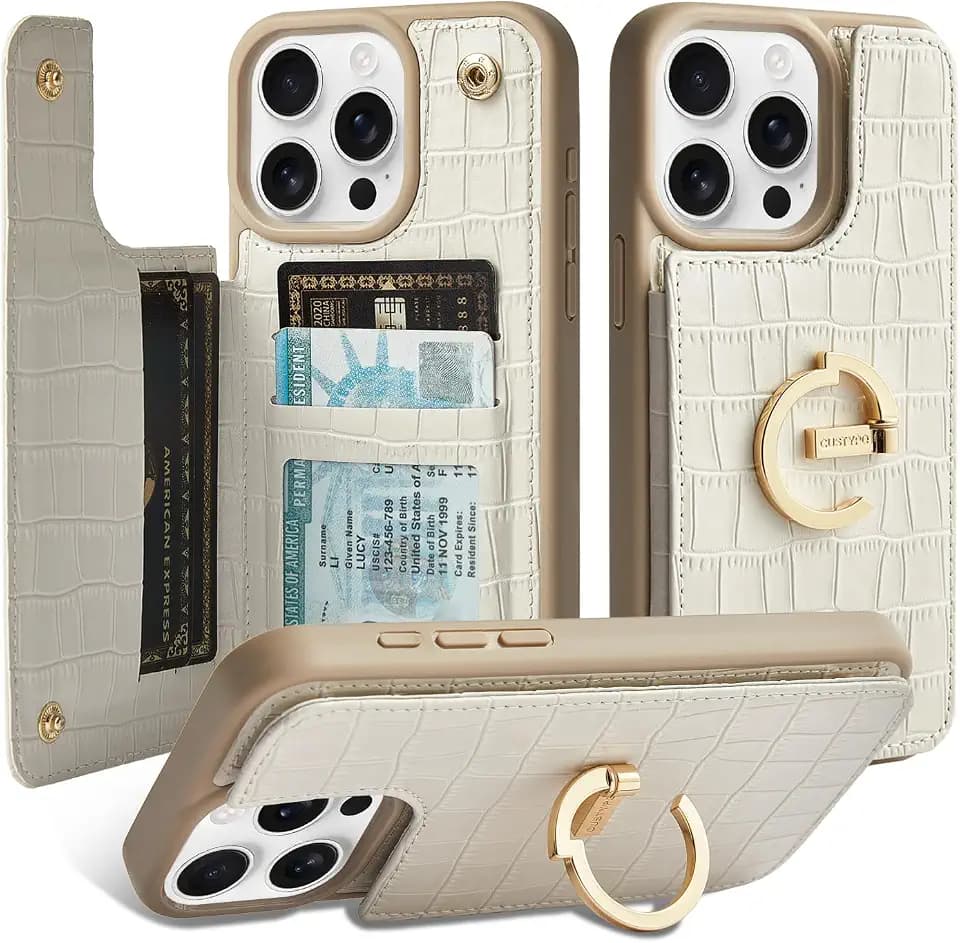 CUSTYPE Wallet Case for iPhone 16 Pro (6.3") Card holder and Ring Stand