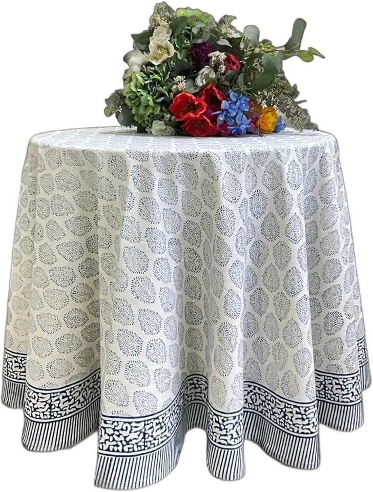 ATOSII Cotton Blockprint Round Tablecloth, Amalfi Blue, 72 Inches