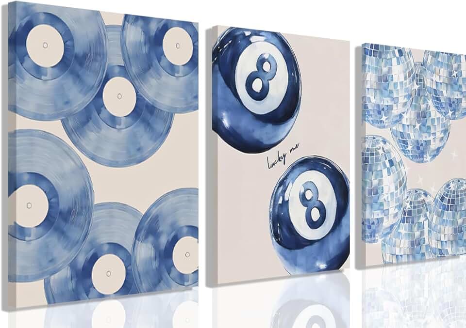 Trendy Blue Wall Art Set of 3, Preppy Navy Blue Wall Decor, Coquette Disco Lucky Me 8 Ball Poster Canvas Prints Aesthetic Pictures for Teen Girls Bedroom Living Room Dorm Home Decor 12x16in Framed