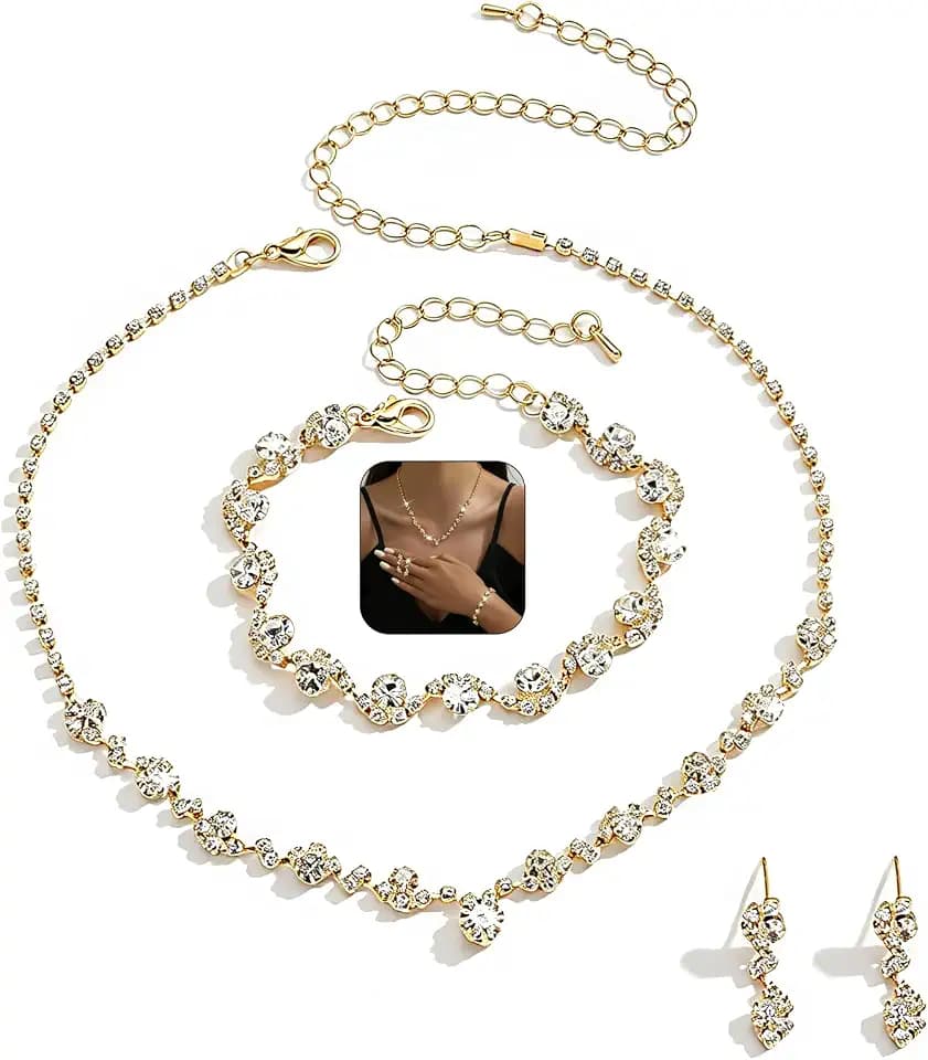 Prom Earrings Necklace Bracelet Set Elegant Crystal Rhinestone Necklace Earrings Bracelet Bridal Wedding Prom Dresses Costume Outfit Gold Jewelry Sets for Women