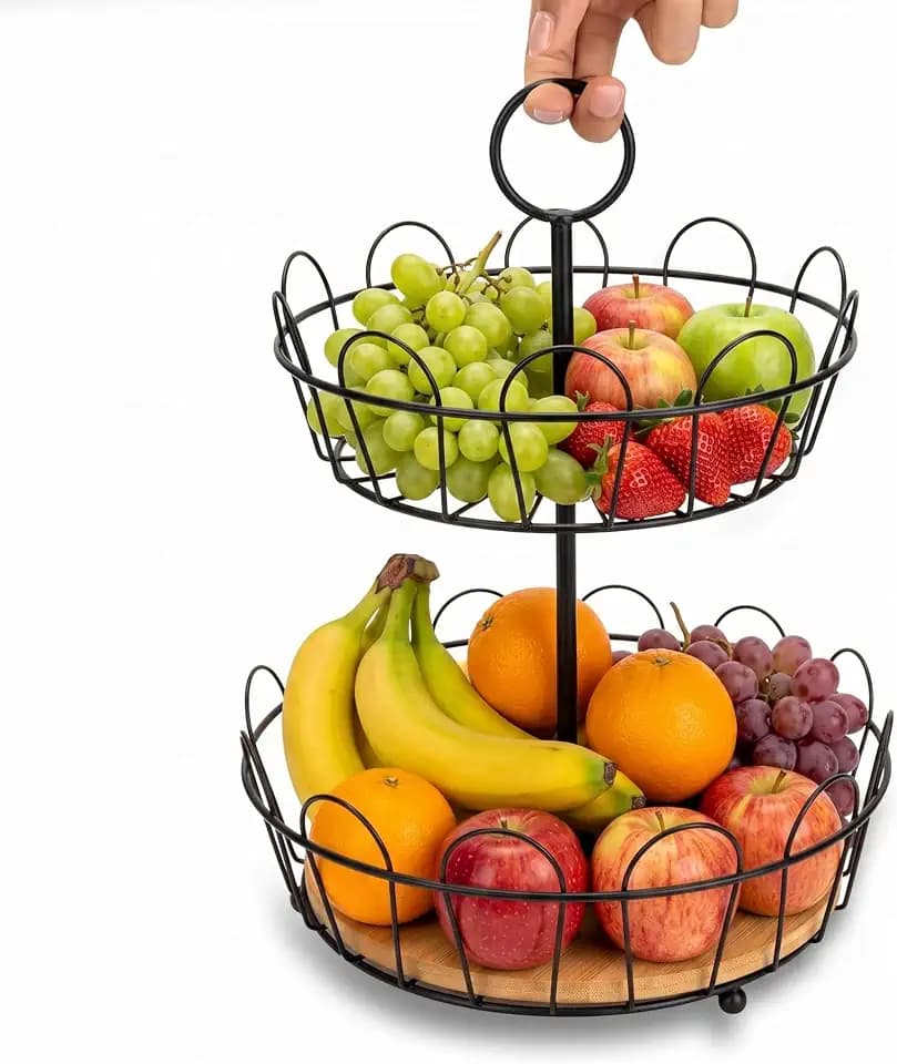 HANZE 2-Tier Farmhouse Fruit Basket Stand, Wire Fruit Vegetables Countertop Storage Rack, Multifunctional Detachable Bread Snack Holder Bowl for Kitchen and Bathroom Organization - Black