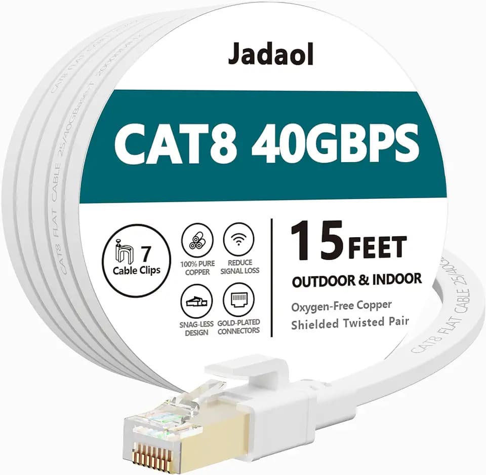 Jadaol Cat8 Ethernet Cable 15ft 40Gbps 2000MHz Flat S/FTP LAN Cable White