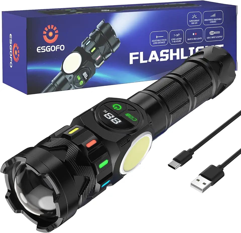 Esgofo Rechargeable Flashlights High Lumens 100000 Long Lasting LCD Display, Super Bright 50W LED, Quick USB C Charge & Output, Double Source & Buttons with Red Light, for Home Camping Hiking