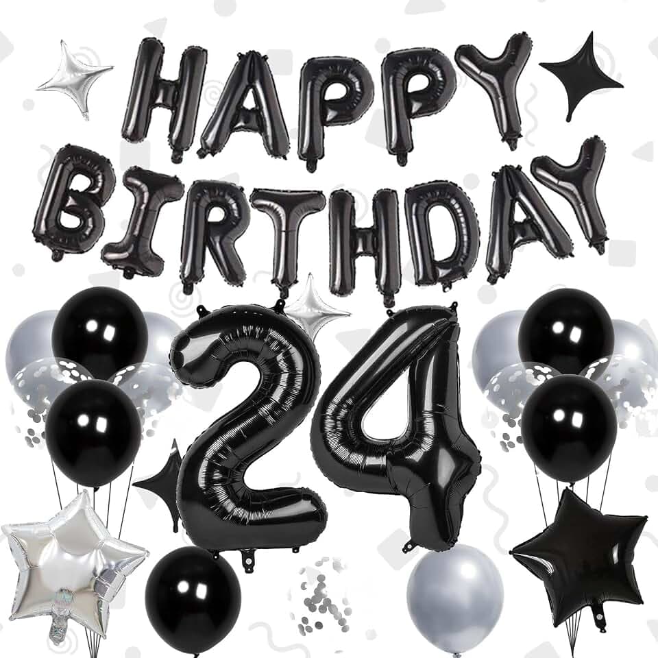 32 Inch 24 Balloon Numbers, Happy Birthday Balloons Banner 16 Inch Foil Letters Balloon Silver and Black Star Balloons for 24th Birthday Decorations for Men Black Party Decorations