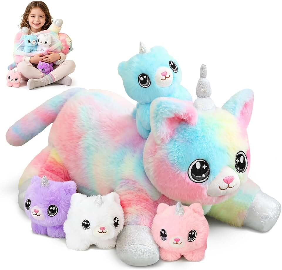 SQEQE Unicorn Cat Plush Mommy Cat Unicorn with 4 Cute Baby Kittens - Plushies Birthday Gifts for Boys and Girls