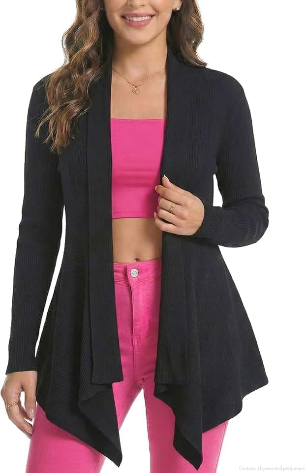 Women’s Open Front Draped Cardigan, Ribbed Knit Long Sleeve Asymmetrical Hem for Dresses Business Casual Layering