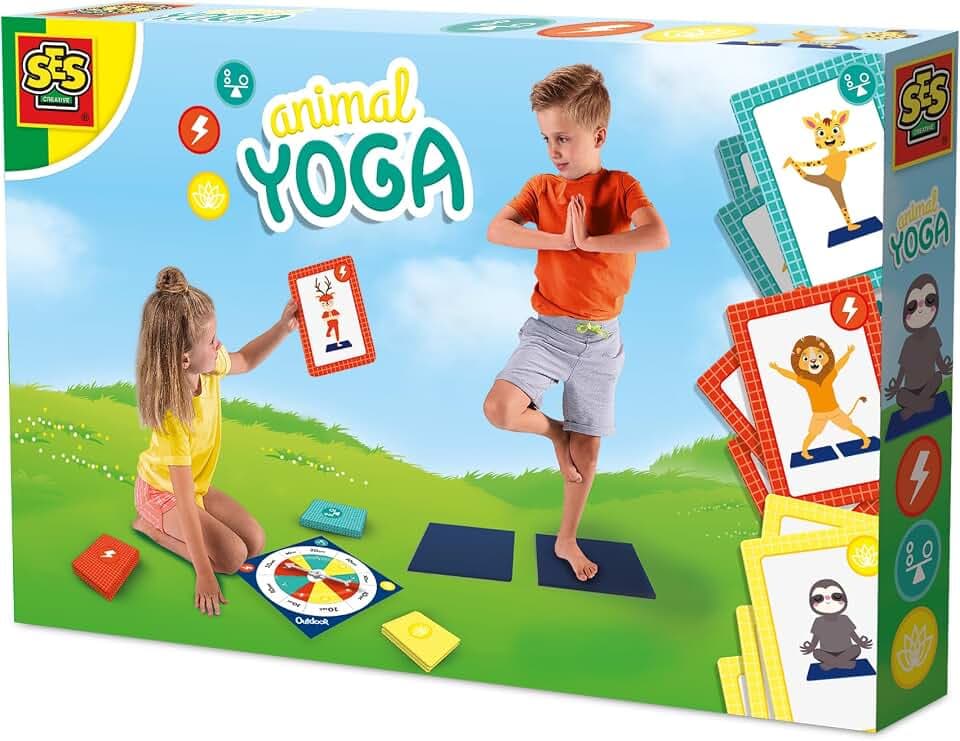 SES Creative | Animal Yoga für Kinder | Yoga-Spielset | 27 Karten mit von Tieren inspirierten Körperhaltungen | 2 Matten und Spielrad | Wellness- und Motorik-Aktivitäten | Zen-Geschenkidee ab 3 Jahren