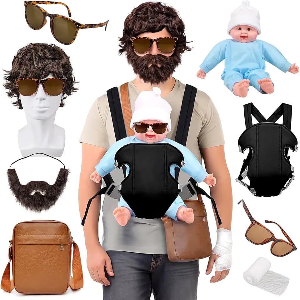 MOVINPE Hangover Costume Halloween Accessories Set, Doll Baby Carrier Brown Wig Fake Beard Moustache Crossbody Bag Sunglasses Bandage Film Character Role-Playing Cosplay Costume