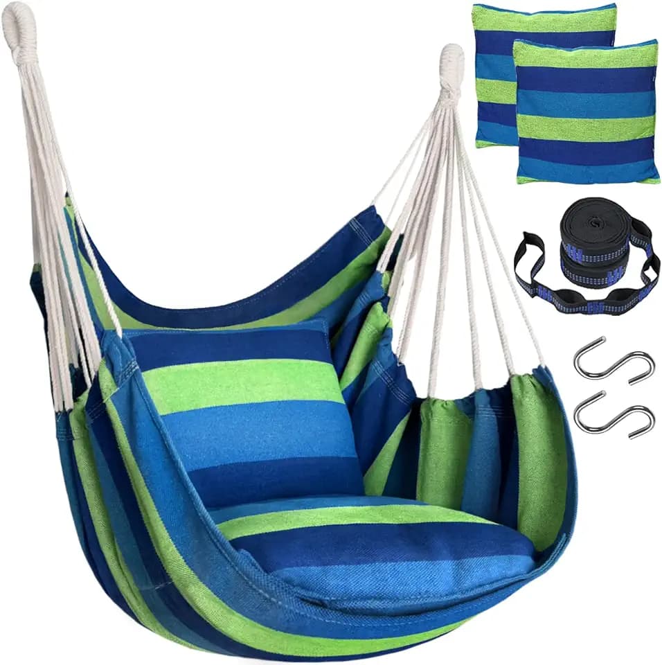 Halalona Hammock Chair Hanging Hammock Chair Rope Swing 2 Cushions Included-Sturdy & Durable Soft Cotton Hand Woven Hammock Swing for Bedroom, Porch, Patio-Indoor/Outdoor