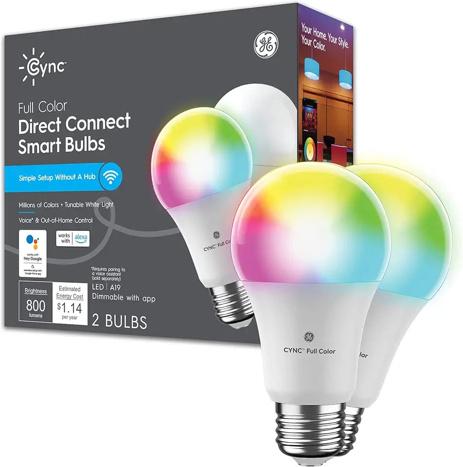 GE CYNC A19 Smart LED Light Bulbs, Color Changing Room Décor, 2 Pack