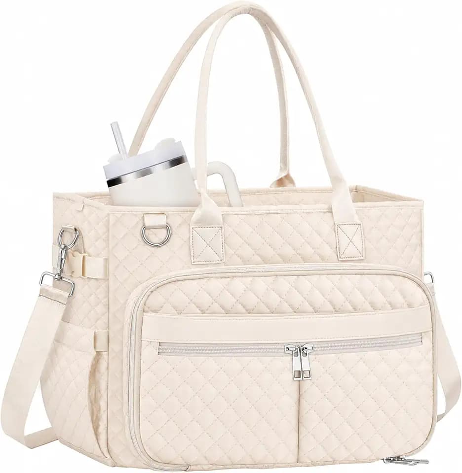 FIORETTO Teacher Tote Bag for Women with Laptop Compartment, Large Cup Holder, Zip Closure, Ideal for Work, Bible, Nurse