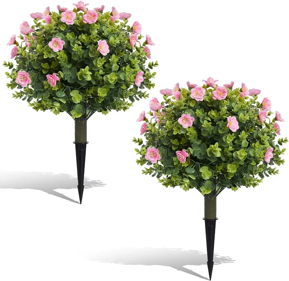MGWILL 20" Artificial Camellia Topiary Ball Tree with Spike, Artificial Boxwood Shrubs Fake Bushes Set of 2, Faux Floral Flower Plant for Porch, Artificial Plants for Outdoor Indoor UV Resistant