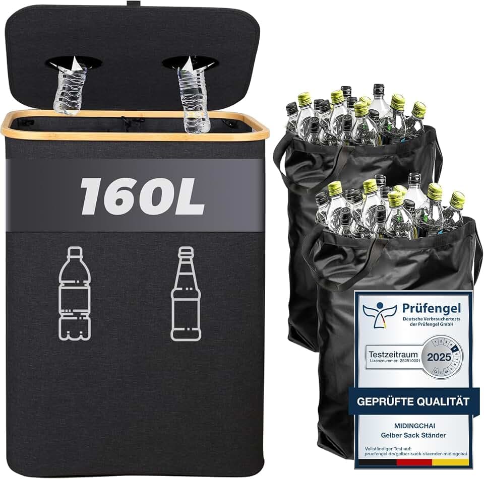 Pfandflaschen Sammelbehälter 2 Fächer 160L - Wäschekorb mit Deckel, Behälter Leergut & Altglas & Papiermüll Sammelbehälter, Pfandflaschen Behälter Bambus mit Beutel, must have