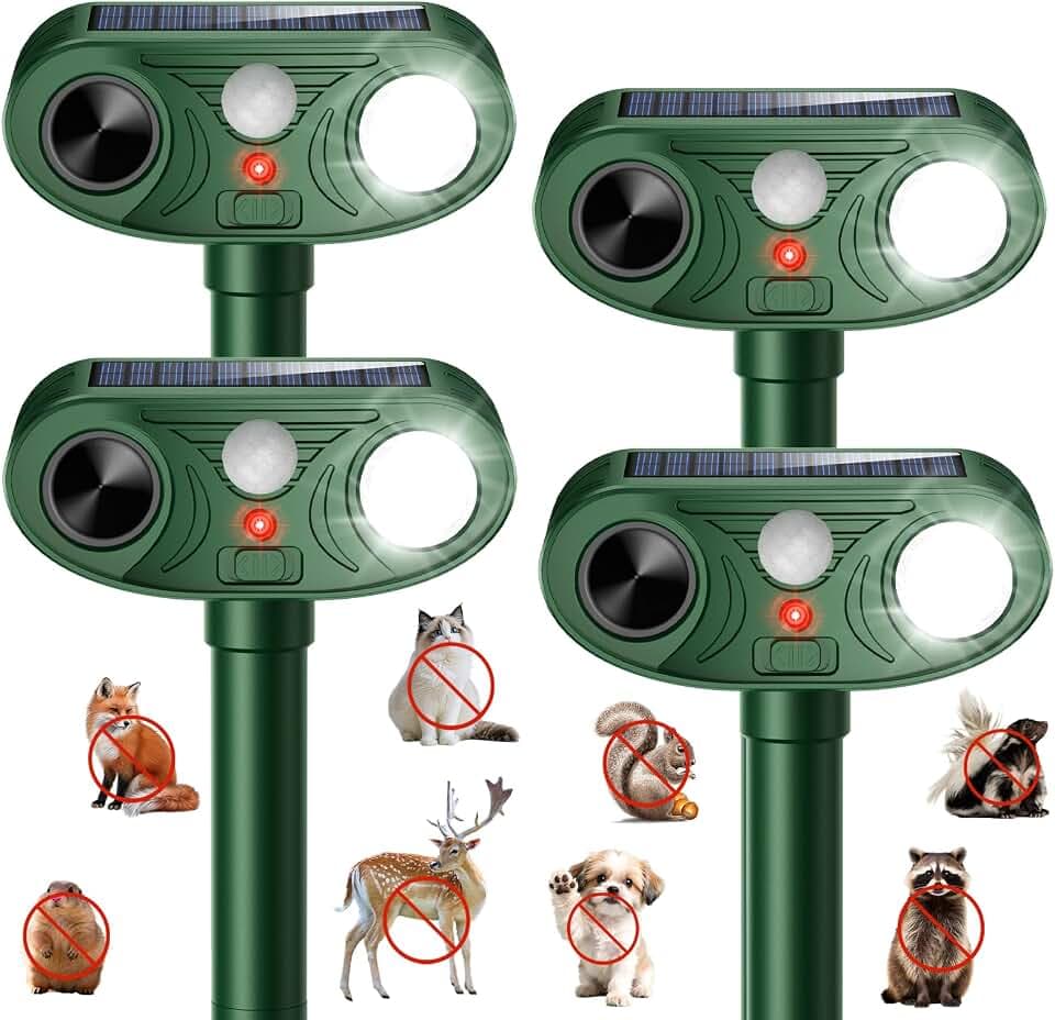 2025 Solar Ultrasonic Animal Repellent Rabbit Repeller Raccoon Squirrel Deterrent with Flash Light Motion Sensor to Keep Cat Dog Fox Skunk Out of Garden Yard (4-Pack)