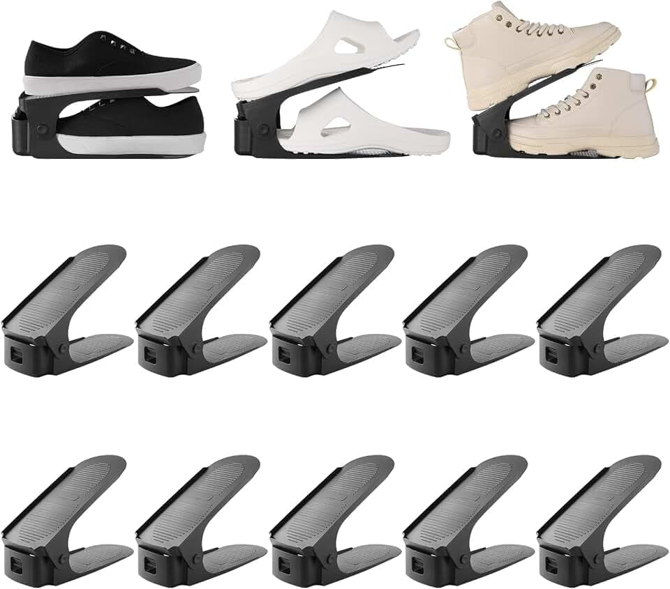 10-Set Schuhstapler, 6.5cm/10cm/15cm Schuhregal, PP-Material Schuhorganizer, Verstellbares Platzsparendes, Doppellagiges Schuhstapl, rutschfest (Schwarz, 10)