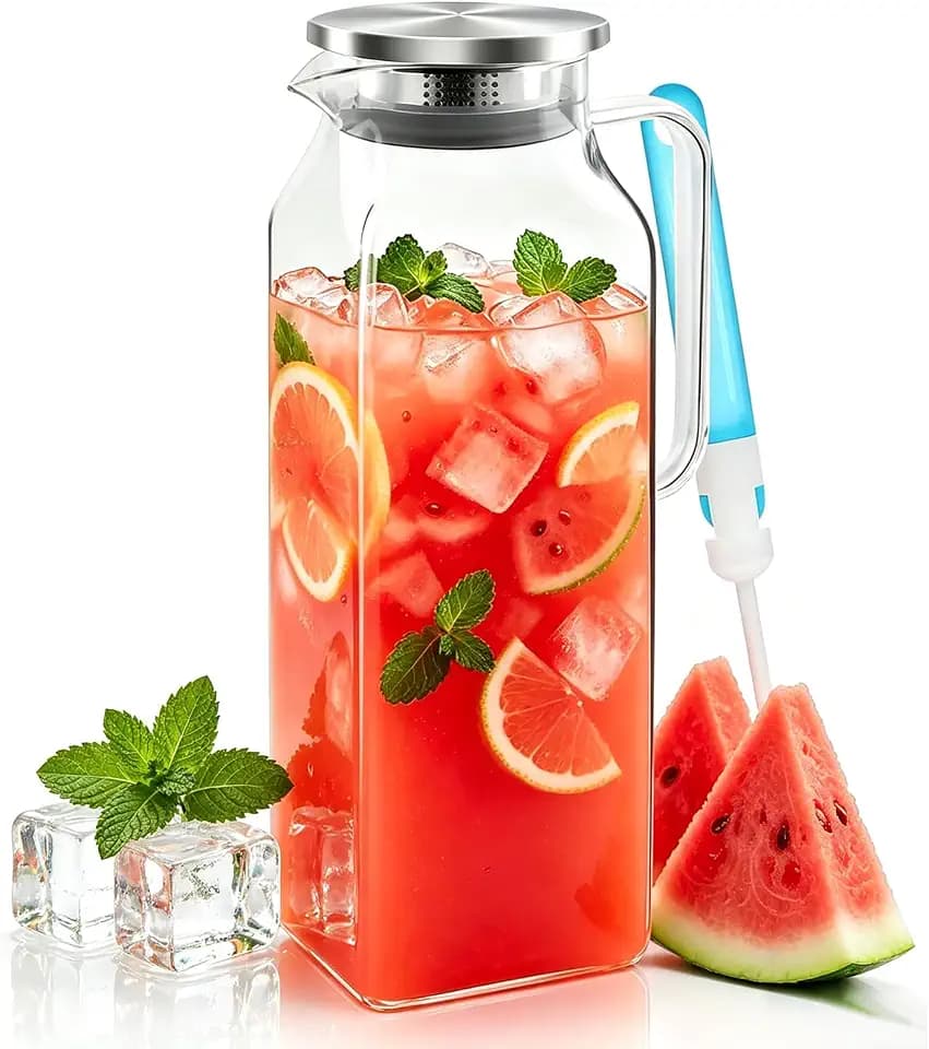 Glaskaraffe 2 Liter, Wasserkaraffe mit Deckel, Karaffe Glas für Kühlschranktür, Wasserkrug Quadratischer mit Becherbürste für Kaltes Heißes Wasser Wein Saft Tee Milch DIY Getränke (Glatte Oberfläche)