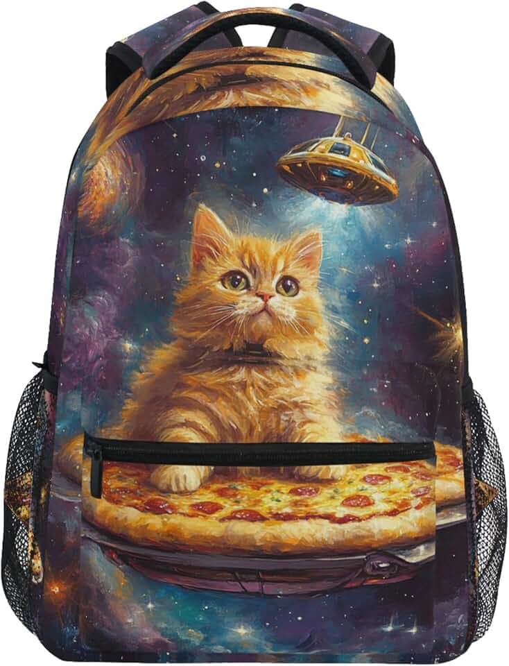 Wamika Pizza Cat Backpack for School Galaxy Space Kitty Girls Boys Backpack Bookbag Kids Children Teens Backpacks for Age 6-16 M