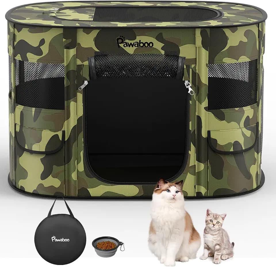 Dog Playpen, Portable Pet Cat PlayPen, 600D Oxford Dog Kennel Tent Crate, Waterproof&Breathable, Indoor Outdoor Travel Camping for Medium/Large Breed with Carrying Case+Bowl(L), Black Camouflage