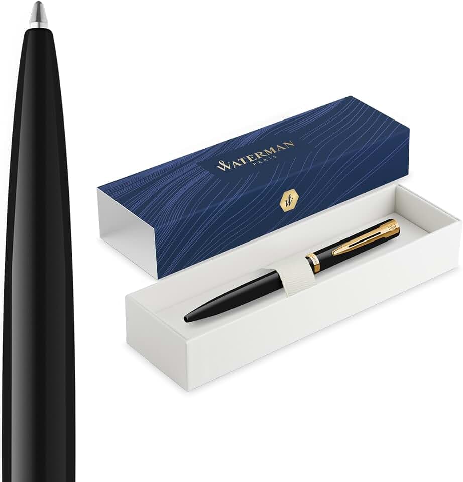 Waterman Impression Kugelschreiber | Mittlere Spitze mit blauer Tintenmine | Schwarzer Lack mit goldbeschichtetem Zierrat | Geschenkbox