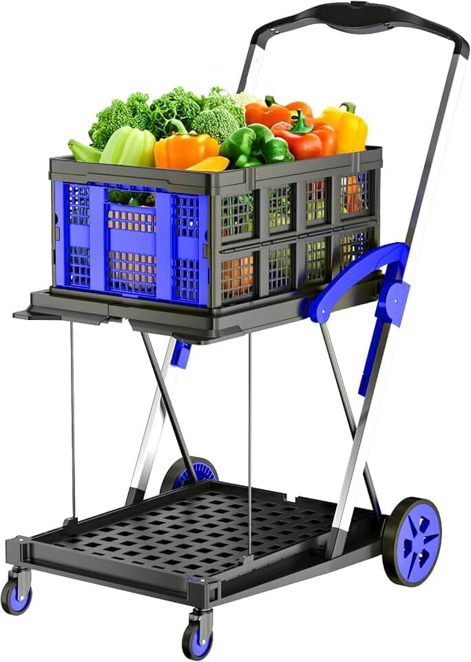 Folding Cart | Multi Use Functional Collapsible carts | Shopping Trolley with Wheels | Shopping Cart with Storage Crate | Utility Cart for Groceries, Warehouse,Supermarket. (Blue)