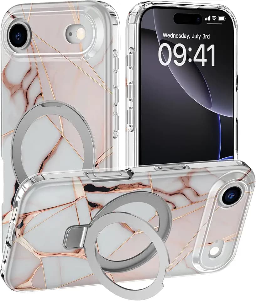 DEENAKIN for iPhone 17 Air Case - Wireless Charging Compatible - Integrated Multi-Functional Kickstand - Protective Phone Case with Trendy Cute Designs for Women - Rose - Gold Marble