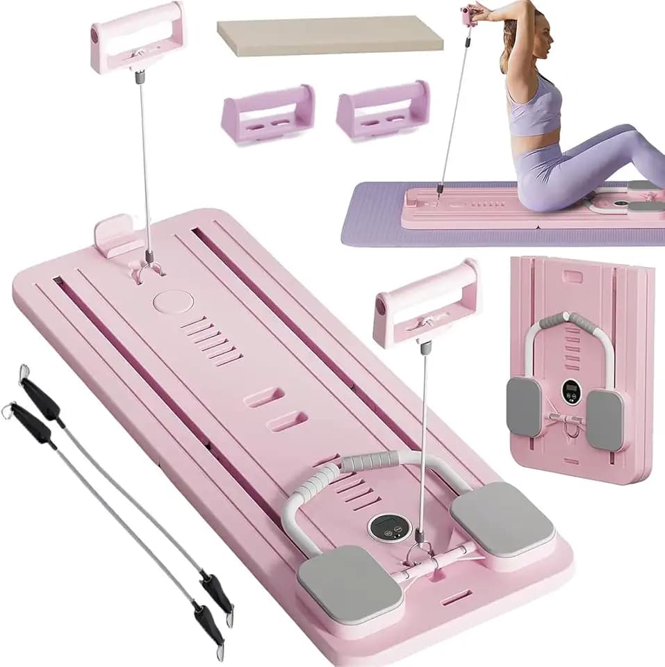 ExeractFit Upgraded Pilates Board, Pilates Reformer Set Bauchroller Board, Ab Roller Trainingsgerät Automatisches Rebound Bauchmuskeltrainer Mit Widerstandsband(Rosa ohne Griff)