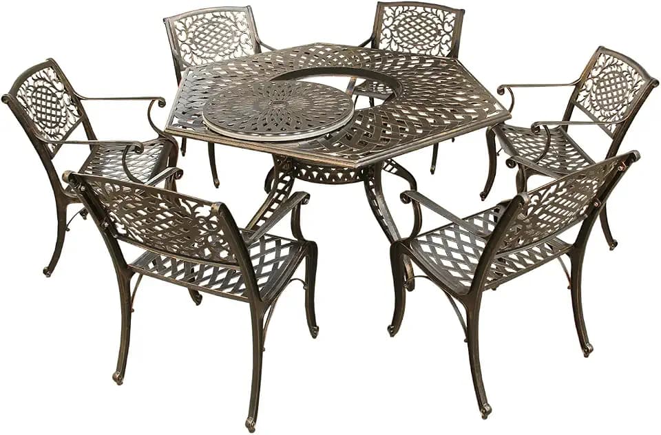 Oakland Living Contemporary Modern and Ornate Traditional Outdoor Mesh Lattice Aluminum 63 inch Bronze Hexagon Dining Set with Lazy Susan and Six Chairs