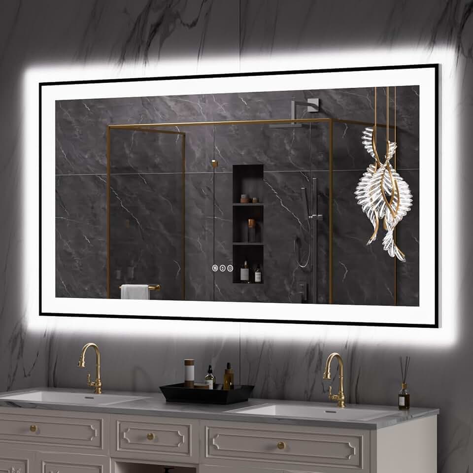 LOAAO 55"X30" LED Bathroom Mirror Black Framed