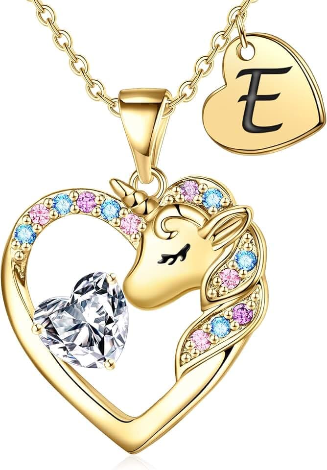 TINGN Einhorn Geschenke für Mädchen - Einhorn Halskette für Mädchen 14 Karat Vergoldet Einhorn Kette Kinder Herz Halskette mit Buchstaben Kette Mädchen Schmuck Geburtstagsgeschenk für Tochter