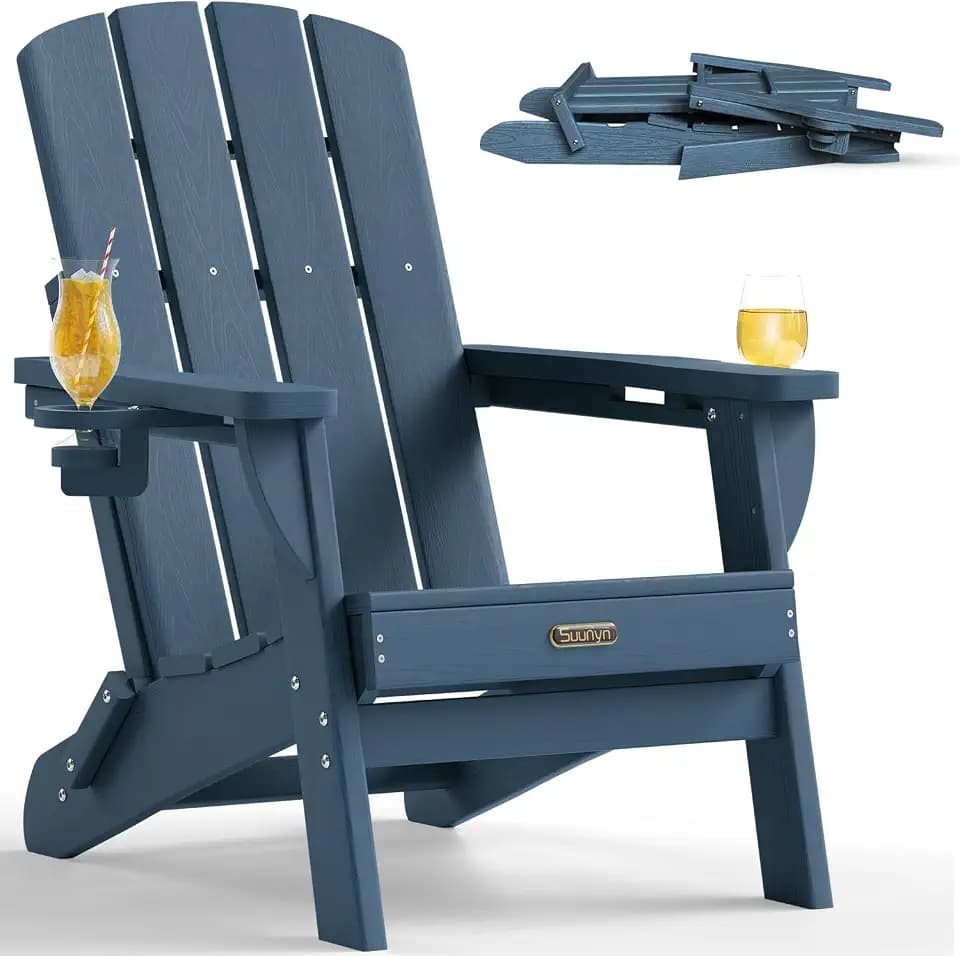 Folding Adirondack Chair, HDPE, 2 Cup Holders, Navy Blue