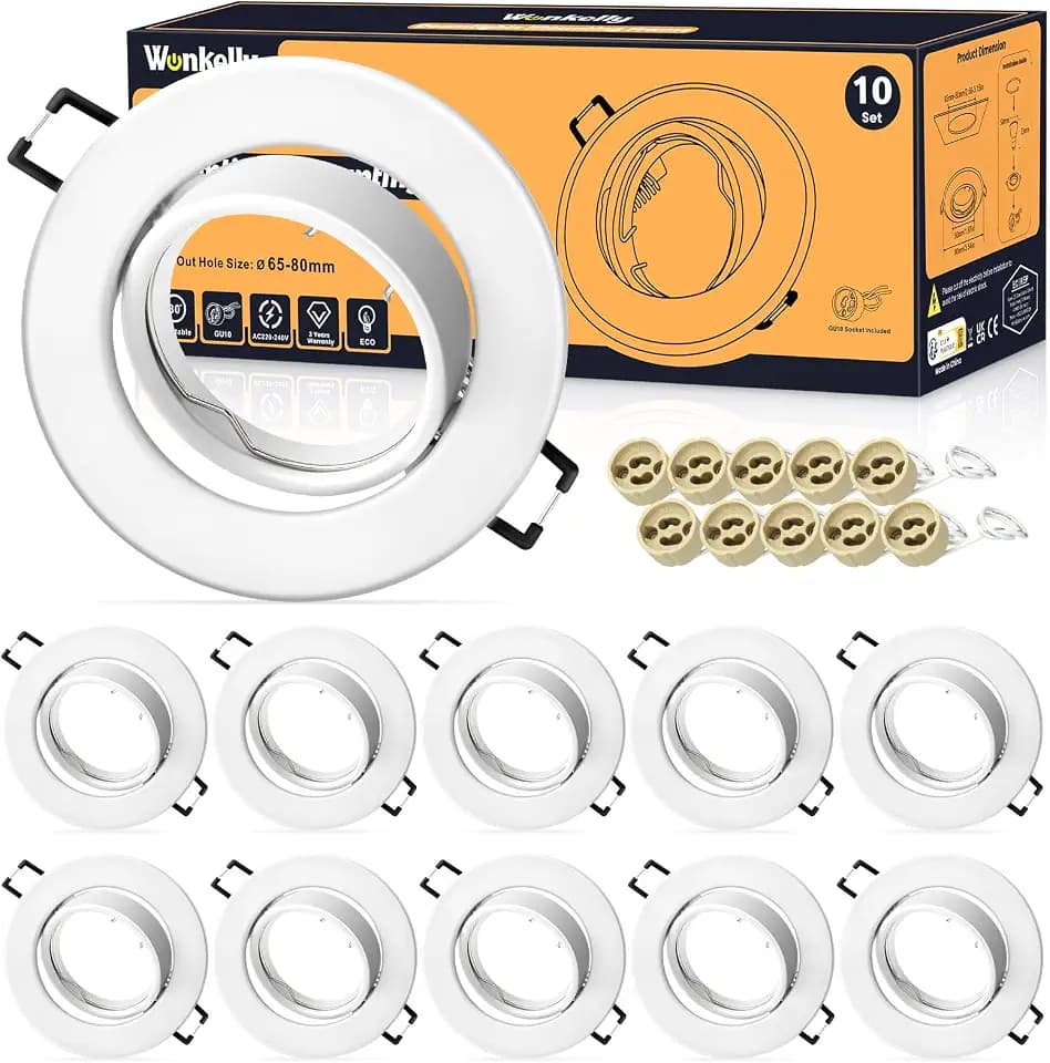 LED Einbaustrahler GU10 Set, (inkl. GU10 Fassung), LED Spots 230V 68mm | Einbaurahmen In Rund, Weiß Matt, 30° Schwenkbar, Einbauspots aus Metall, für Einbaubeleuchtung（10 Stück）