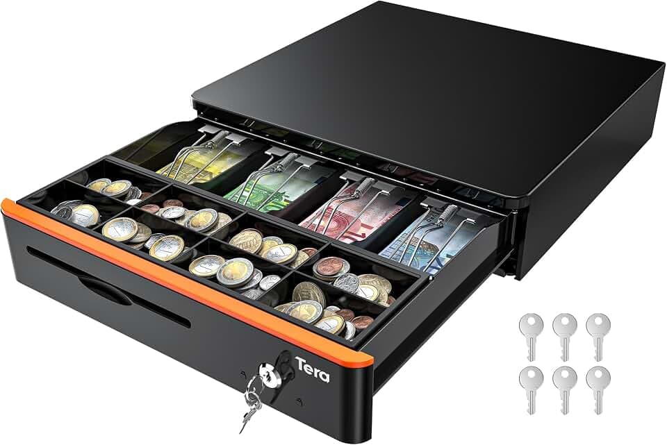 Tera 16" Kassenlade mit 5 Geldscheinfächern und 8 Münzfächern für POS System mit Einsatzschale herausnehmbarem Geldfach Schlüsselschloss RJ12 Medienfach für Einzelhandel kleine Unternehmen 405R