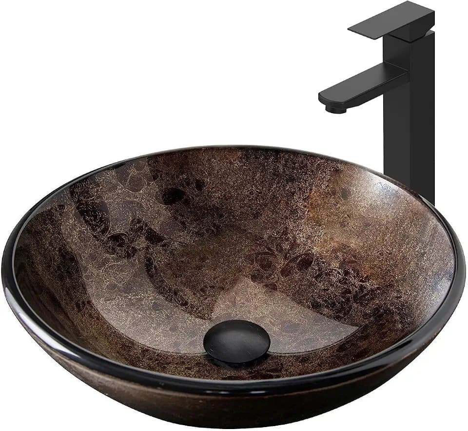Bathroom Artistic Vessel Sink, Tempered Glass Vanity Round Bowl, Brown