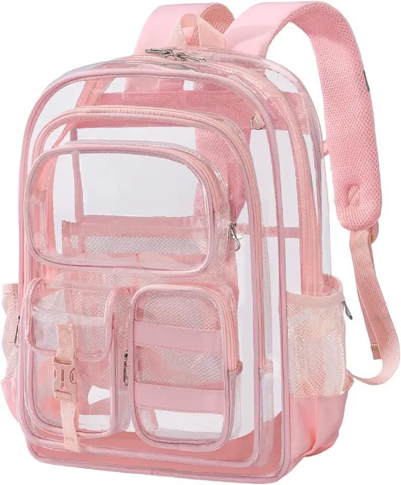 Three-layer Clear Backpack, Heavy Duty Clear Bookbag for Kids, See Through Backpack Transparent Bag for Girls Boys (Light Pink)