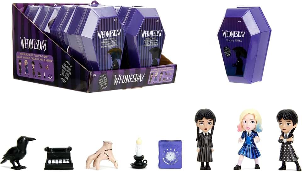 Jada Toys Wednesday Figur (1 Stück in der Mystery Box) - 1 von 3 Sammelfiguren aus Metall (Wednesday Addams oder Enid) mit Zubehör - für Fans und Sammler ab 8 Jahre, Auswahl per Zufallslos, 6,5cm