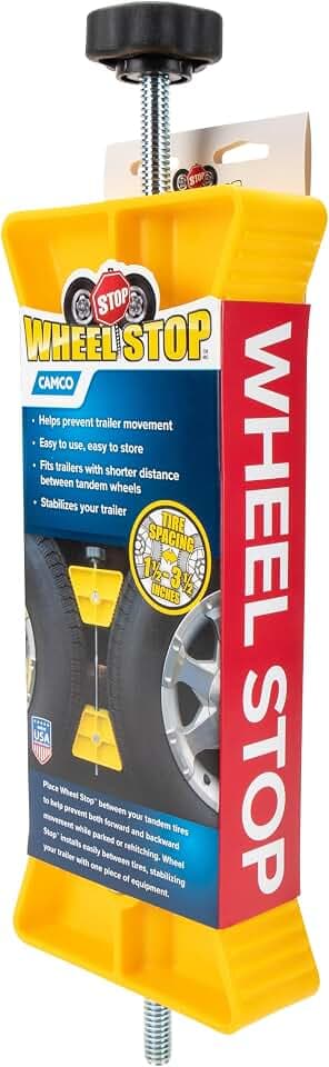 Camco Small RV Wheel Stop - Features a Lightweight Heavy-Duty Design with a Rubber Handle, Prevents Shifting of Trailer Tandem Tires While Parked or Re-Hitching, and Fits 26” to 30” Tires (44652)