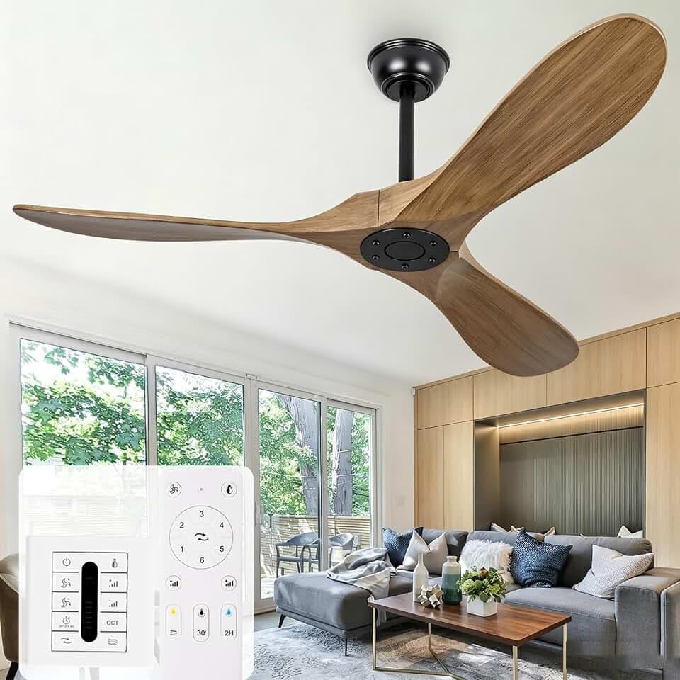 52 Inch Solid Wood Ceiling Fans no Lights, Outdoor Ceiling Fans Without Lights with Remote/Wall Control, 3 Blades Grey Propeller for Patio, Indoor, Living Room, Bedroom, Porch, Farmhouse