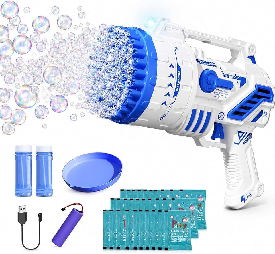 Bubble Machine Gun for Kids, 69-Hole Bubble Blaster with LED Lights, Blue